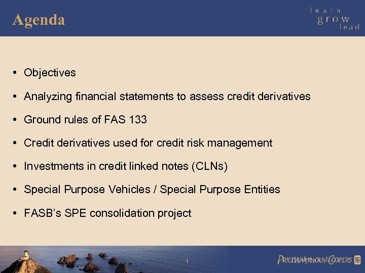 Agenda • Objectives • Analyzing financial statements to assess credit derivatives • Ground rules