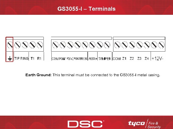 GS 3055 -I – Terminals Earth Ground: This terminal must be connected to the