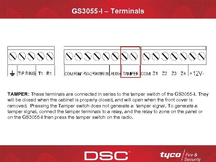 GS 3055 -I – Terminals TAMPER: These terminals are connected in series to the