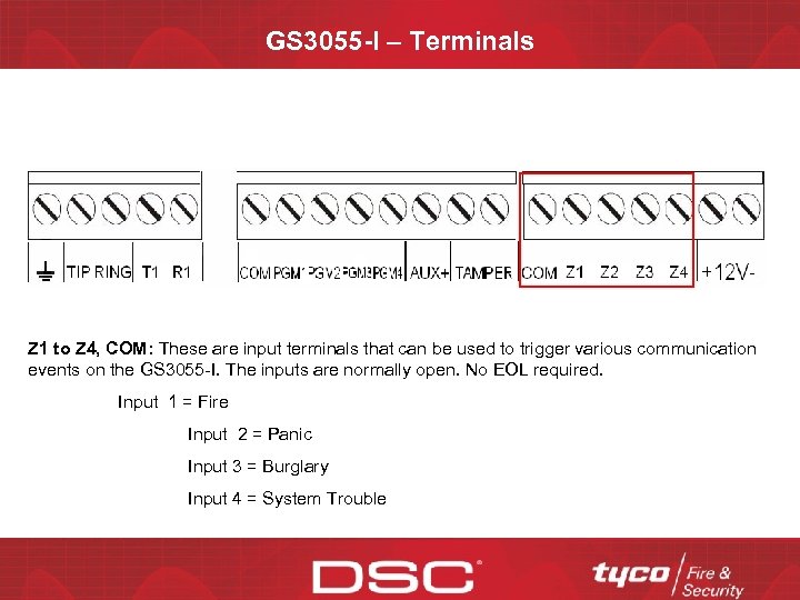 GS 3055 -I – Terminals Z 1 to Z 4, COM: These are input