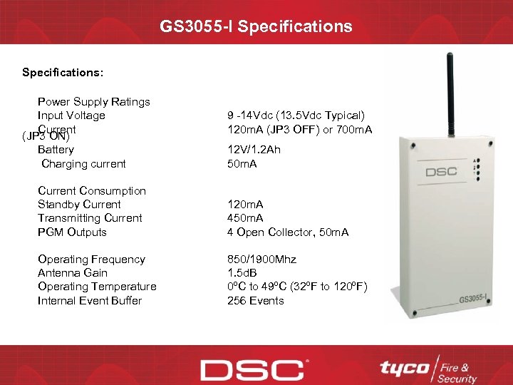 GS 3055 -I Specifications: Power Supply Ratings Input Voltage Current (JP 3 ON) Battery