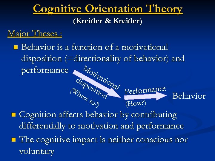 Cognitive Orientation Theory (Kreitler & Kreitler) Major Theses : n Behavior is a function