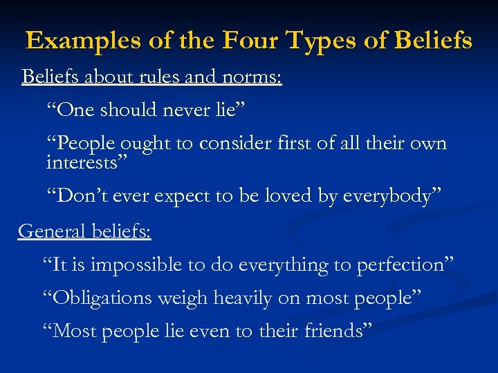 Examples of the Four Types of Beliefs about rules and norms: “One should never