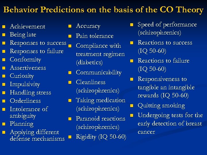 Behavior Predictions on the basis of the CO Theory n n n n Achievement