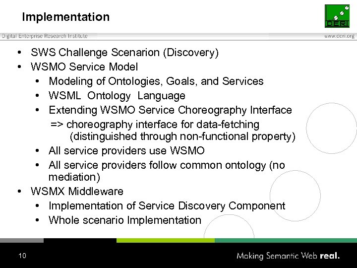 Implementation • SWS Challenge Scenarion (Discovery) • WSMO Service Model • Modeling of Ontologies,