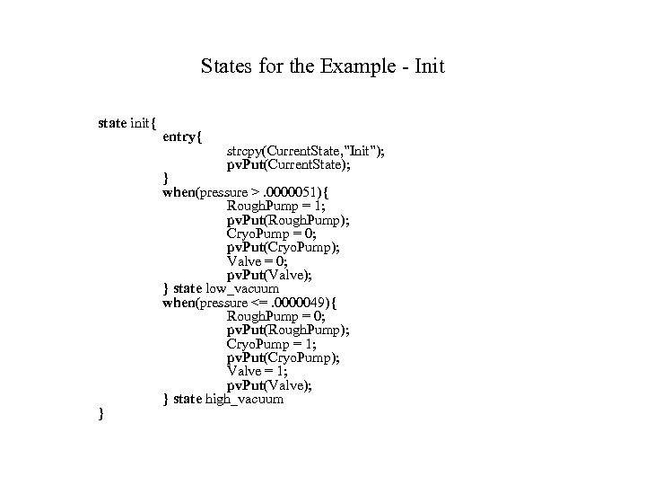 States for the Example - Init state init{ } entry{ strcpy(Current. State, ”Init”); pv.