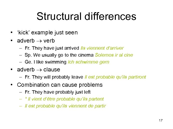 Structural differences • ‘kick’ example just seen • adverb – Fr. They have just