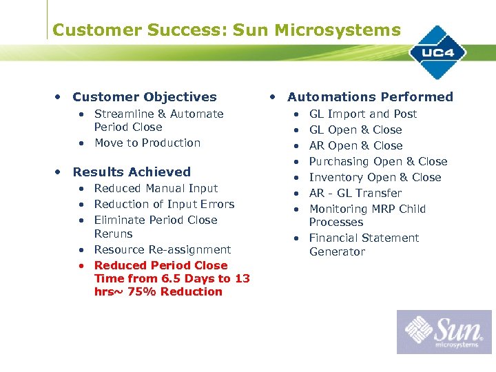 Customer Success: Sun Microsystems • Customer Objectives • Streamline & Automate Period Close •