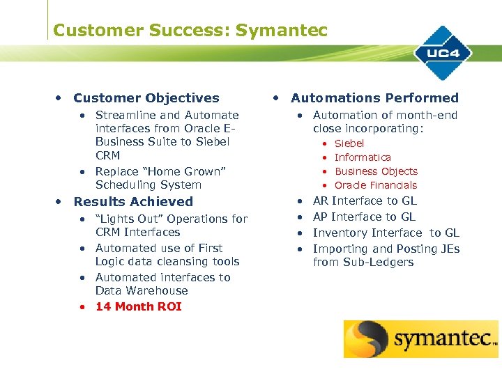 Customer Success: Symantec • Customer Objectives • Streamline and Automate interfaces from Oracle EBusiness