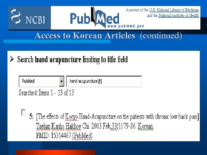 Access to Korean Articles (continued) 