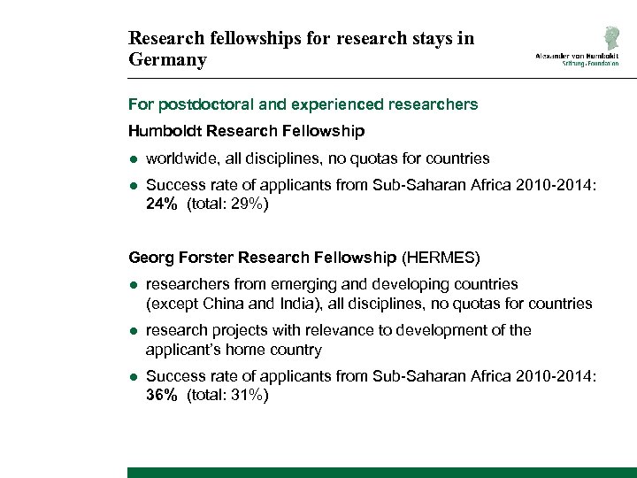 Research fellowships for research stays in Germany For postdoctoral and experienced researchers Humboldt Research