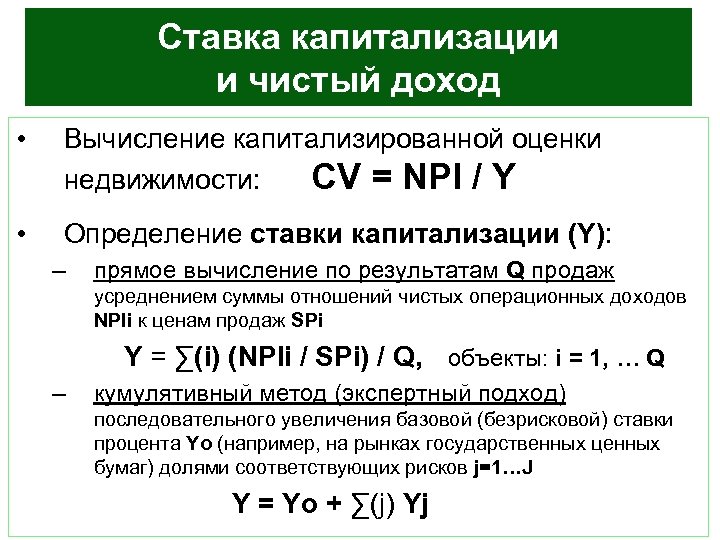 Ставка капитализации и чистый доход • Вычисление капитализированной оценки недвижимости: CV = NPI /
