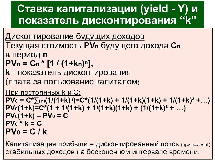 Ставка капитализации (yield - Y) и показатель дисконтирования “k” Дисконтирование будущих доходов Текущая стоимость