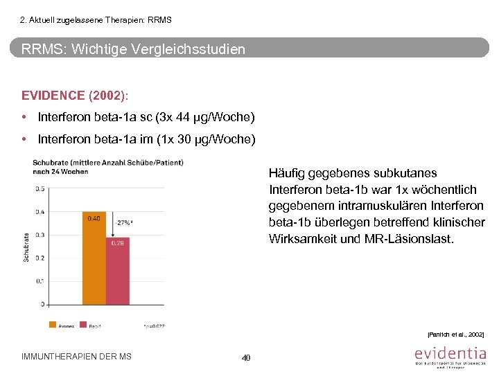 2. Aktuell zugelassene Therapien: RRMS: Wichtige Vergleichsstudien EVIDENCE (2002): • Interferon beta-1 a sc