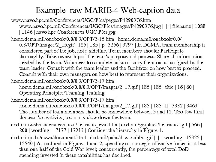 Example raw MARIE-4 Web-caption data www. navo. hpc. mil/Conferences/UGC/Pics/pages/P 4290376. htm | www. navo.