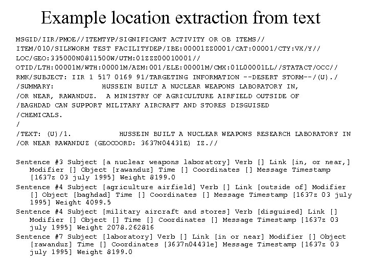 Example location extraction from text MSGID/IIR/PMOE//ITEMTYP/SIGNIFICANT ACTIVITY OR OB ITEMS// ITEM/010/SILKWORM TEST FACILITYDEP/IBE: 00001