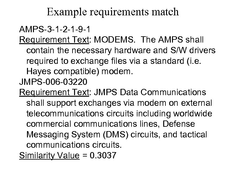 Example requirements match AMPS-3 -1 -2 -1 -9 -1 Requirement Text: MODEMS. The AMPS