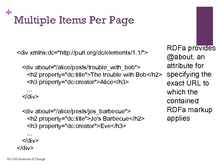 + Multiple Items Per Page RDFa provides @about, an attribute for <div about="/alice/posts/trouble_with_bob"> <h