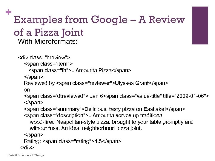 + Examples from Google – A Review of a Pizza Joint With Microformats: <div