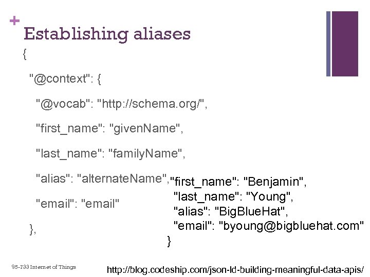 + Establishing aliases { "@context": { "@vocab": "http: //schema. org/", "first_name": "given. Name", "last_name":