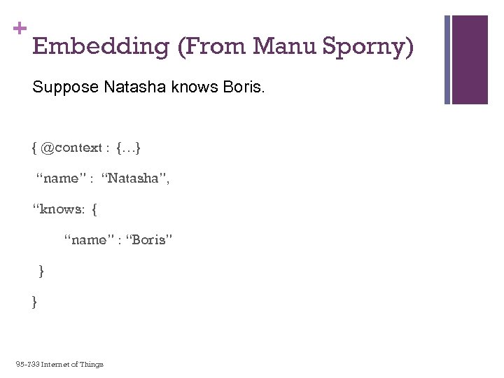 + Embedding (From Manu Sporny) Suppose Natasha knows Boris. { @context : {…} “name”