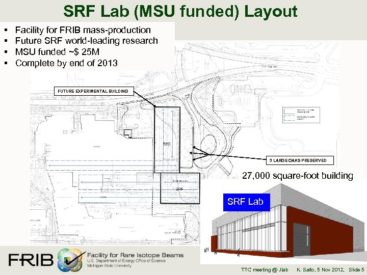 SRF Lab (MSU funded) Layout § § Facility for FRIB mass-production Future SRF world-leading