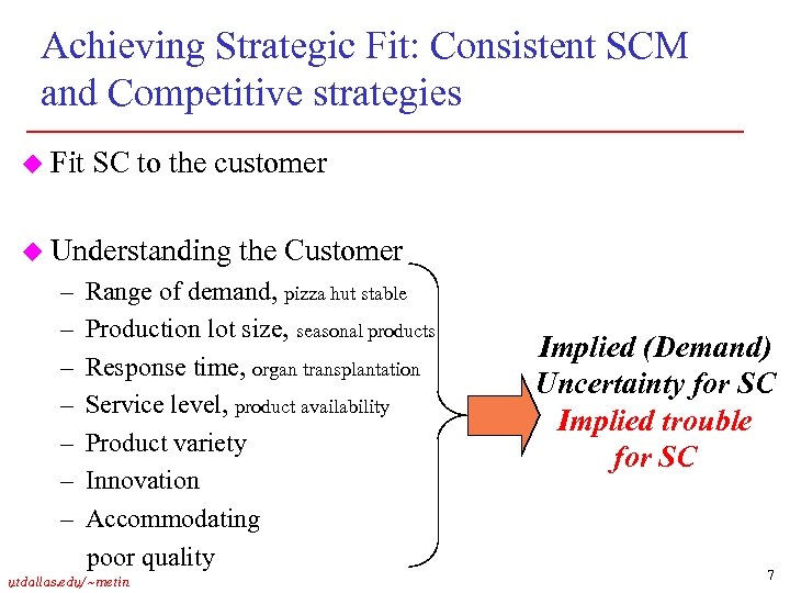 Achieving Strategic Fit: Consistent SCM and Competitive strategies u Fit SC to the customer