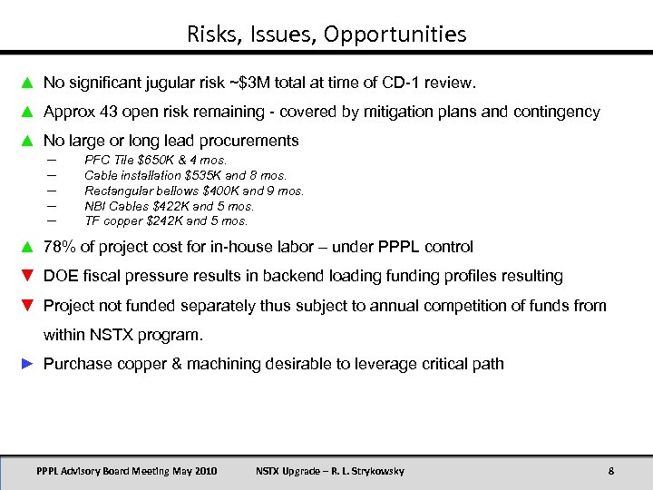 Risks, Issues, Opportunities ▲ No significant jugular risk ~$3 M total at time of