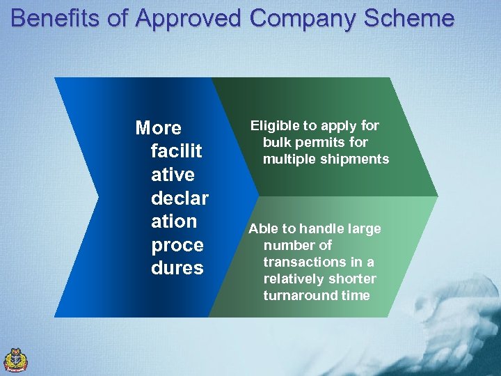 Benefits of Approved Company Scheme More facilit ative declar ation proce dures Eligible to
