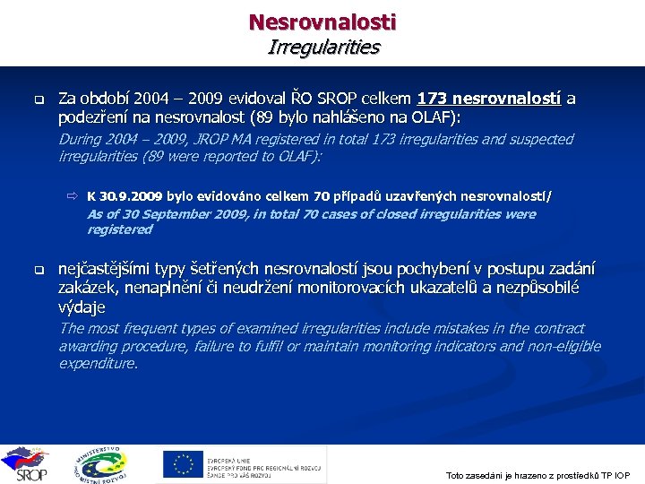 Nesrovnalosti Irregularities q Za období 2004 – 2009 evidoval ŘO SROP celkem 173 nesrovnalostí