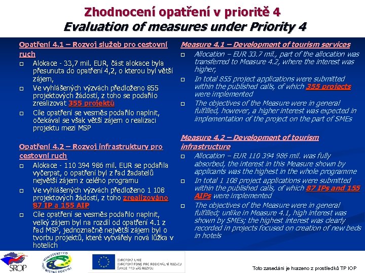 Zhodnocení opatření v prioritě 4 Evaluation of measures under Priority 4 Opatření 4. 1