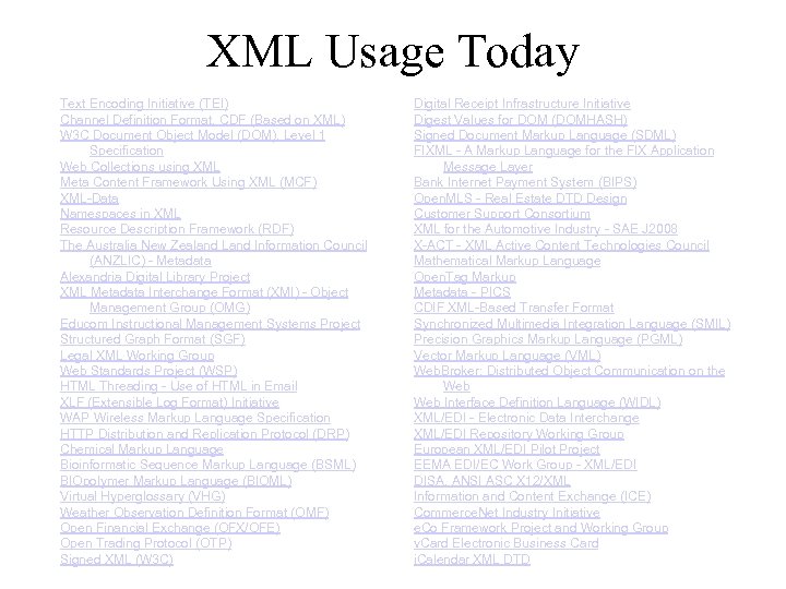 XML Usage Today Text Encoding Initiative (TEI) Channel Definition Format, CDF (Based on XML)