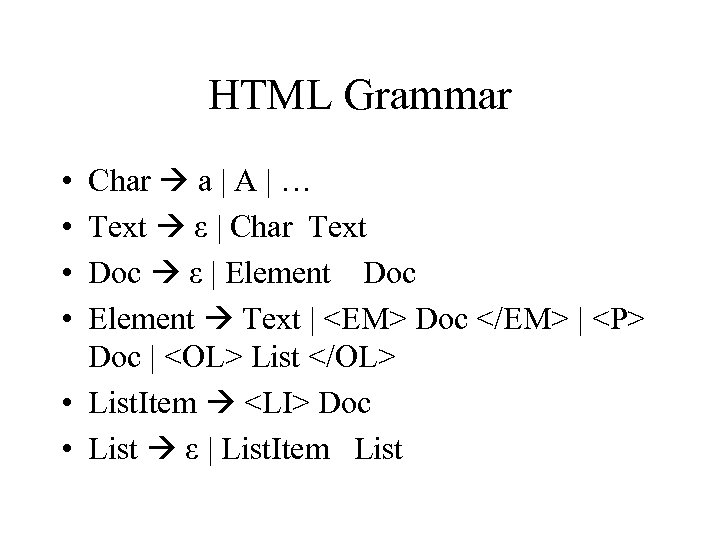 HTML Grammar • • Char a | A | … Text ε | Char