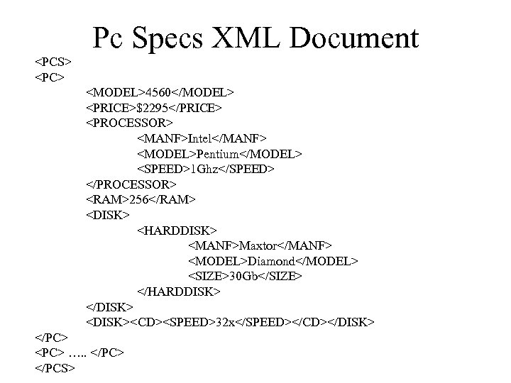 Pc Specs XML Document <PCS> <PC> <MODEL>4560</MODEL> <PRICE>$2295</PRICE> <PROCESSOR> <MANF>Intel</MANF> <MODEL>Pentium</MODEL> <SPEED>1 Ghz</SPEED> </PROCESSOR>