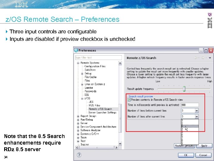 z/OS Remote Search – Preferences Three input controls are configurable Inputs are disabled if