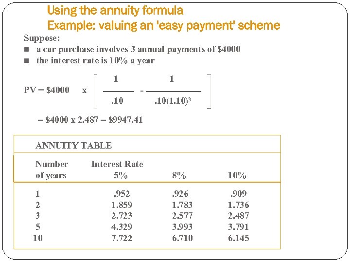 Using the annuity formula Example: valuing an 'easy payment' scheme Suppose: n a car