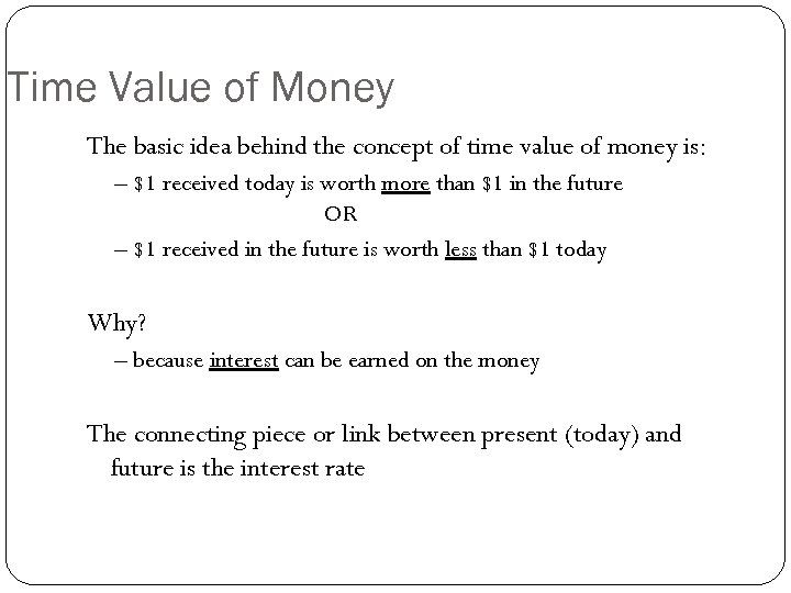 Time Value of Money The basic idea behind the concept of time value of