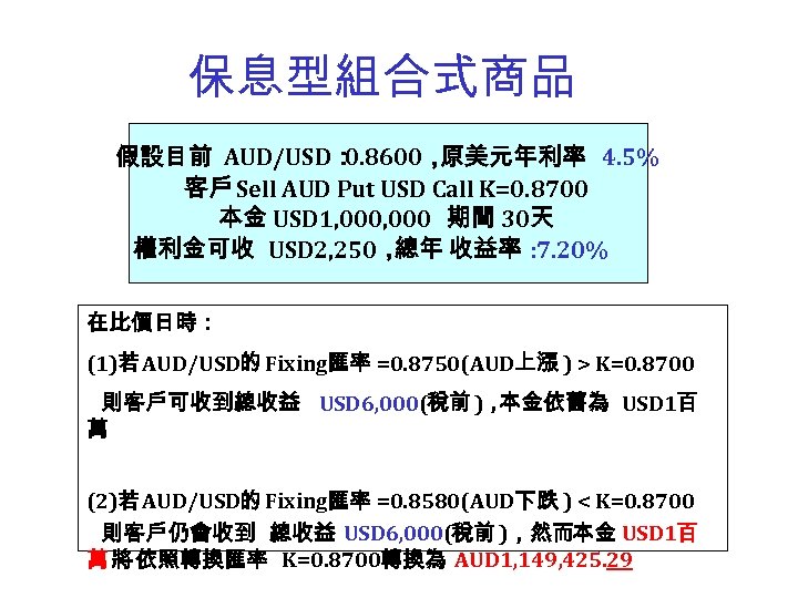 保息型組合式商品 假設目前 AUD/USD： 0. 8600， 原美元年利率 4. 5% 客戶 Sell AUD Put USD Call