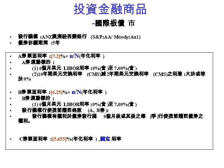 投資金融商品 -國際板債 市 • • 發行機構 : ANZ澳洲紐西蘭銀行 (S&P: AA/ Moody: Aa 1) 債券存續期間