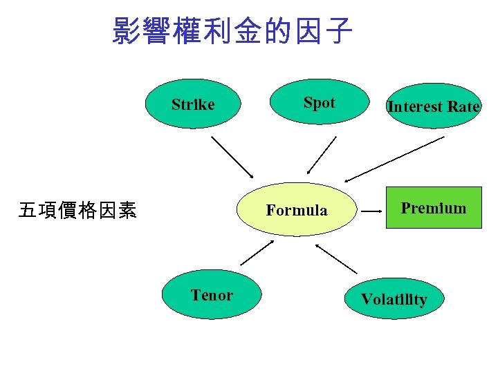 影響權利金的因子 Strike 五項價格因素 Spot Formula Tenor Interest Rate Premium Volatility 