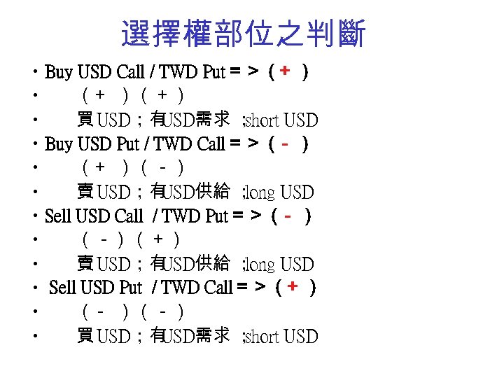 選擇權部位之判斷 • Buy USD Call / TWD Put＝＞（ ） ＋ • （＋ ） （＋）