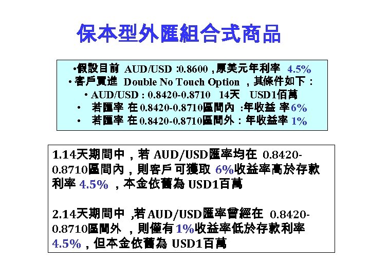 保本型外匯組合式商品 • 假設目前 AUD/USD： 0. 8600， 原美元年利率 4. 5% • 客戶買進 Double No Touch