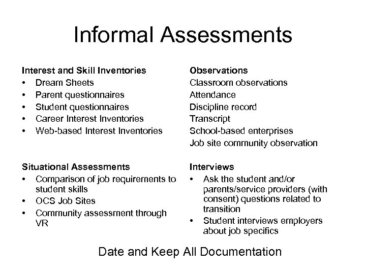 Informal Assessments Interest and Skill Inventories • Dream Sheets • Parent questionnaires • Student