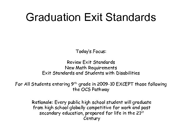 Graduation Exit Standards Today’s Focus: Review Exit Standards New Math Requirements Exit Standards and