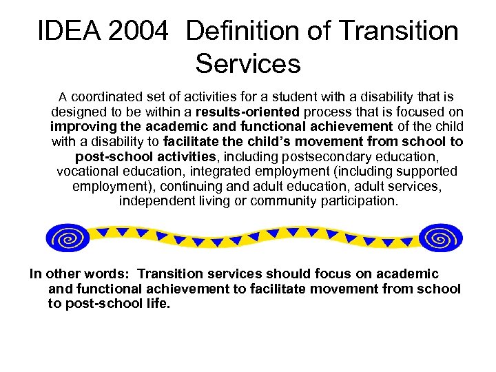 IDEA 2004 Definition of Transition Services A coordinated set of activities for a student