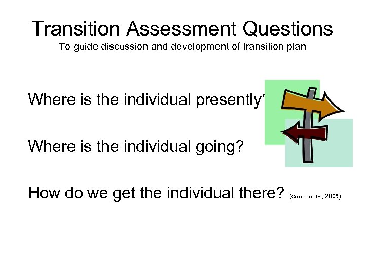 Transition Assessment Questions To guide discussion and development of transition plan Where is the