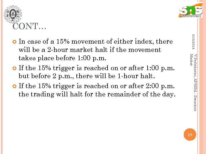 CONT… 3/15/2018 V. Prabakaran, AP/MBA - Securities Market In case of a 15% movement