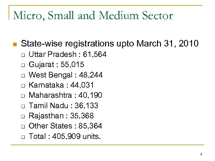 Micro, Small and Medium Sector n State-wise registrations upto March 31, 2010 q q