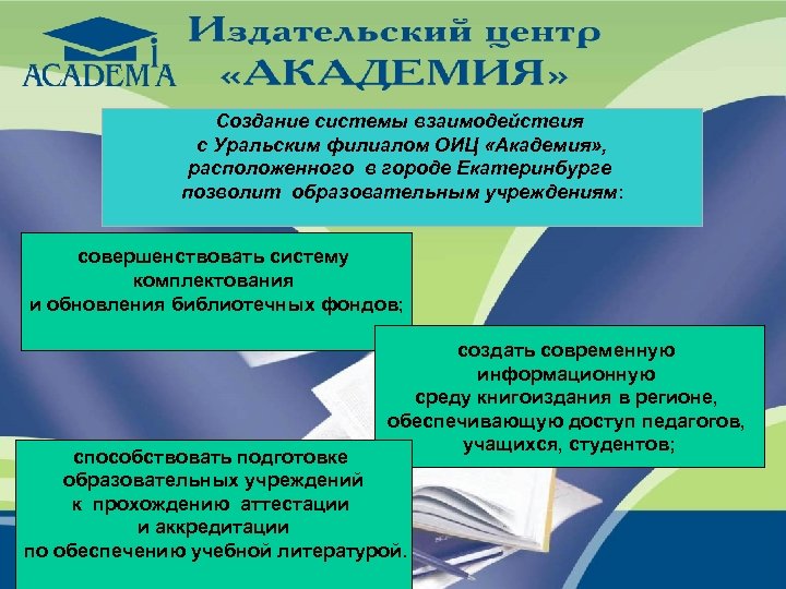 Создание системы взаимодействия с Уральским филиалом ОИЦ «Академия» , расположенного в городе Екатеринбурге позволит