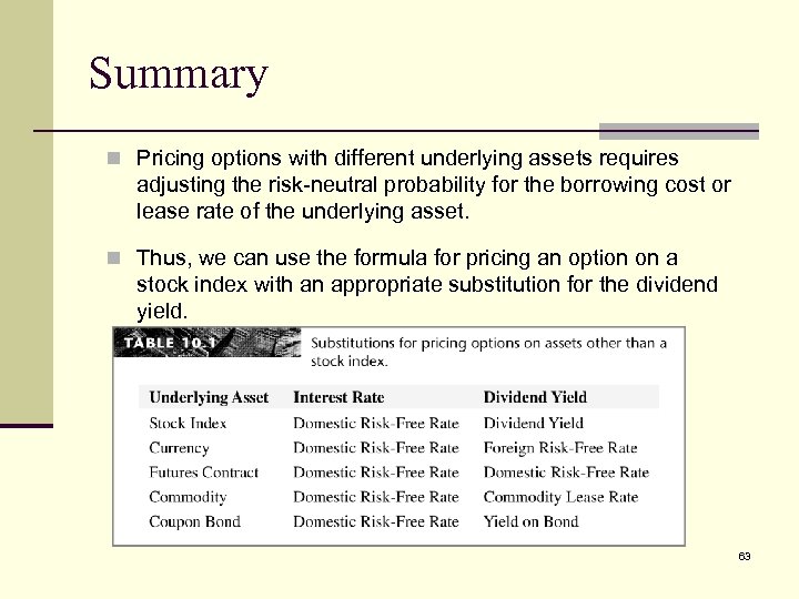 Summary n Pricing options with different underlying assets requires adjusting the risk-neutral probability for